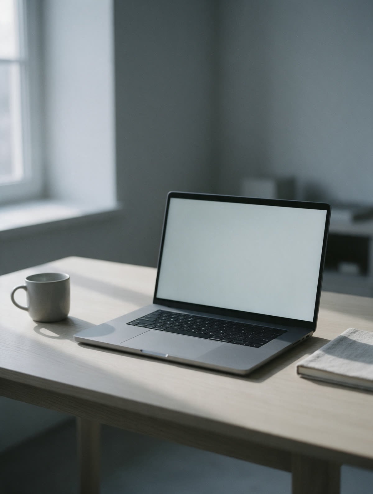 An open laptop on a pale oak desk, its screen empty, a grey mug beside it.